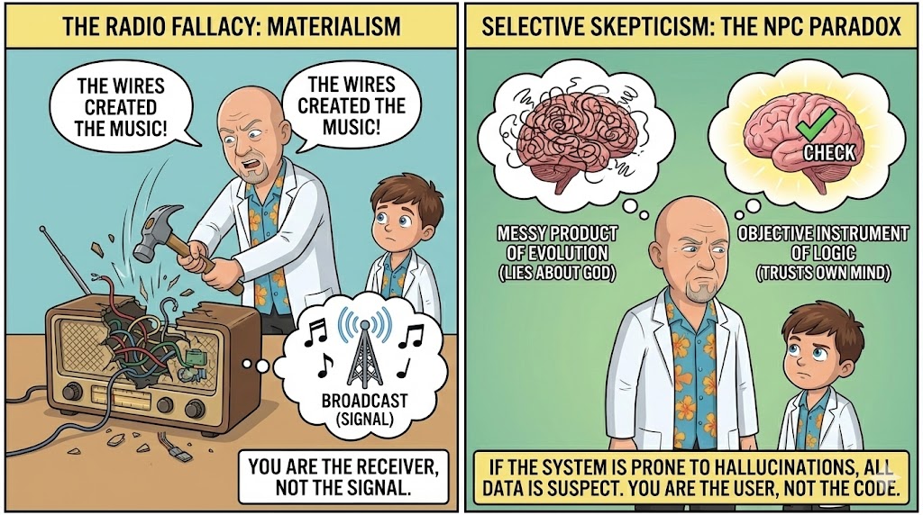 Conceptual visual: A stylized split-screen showing a lifeless mannequin (left, labeled 'NPC') and a vibrant, aware human (right, labeled 'User'), emphasizing the difference between mere hardware and conscious experience